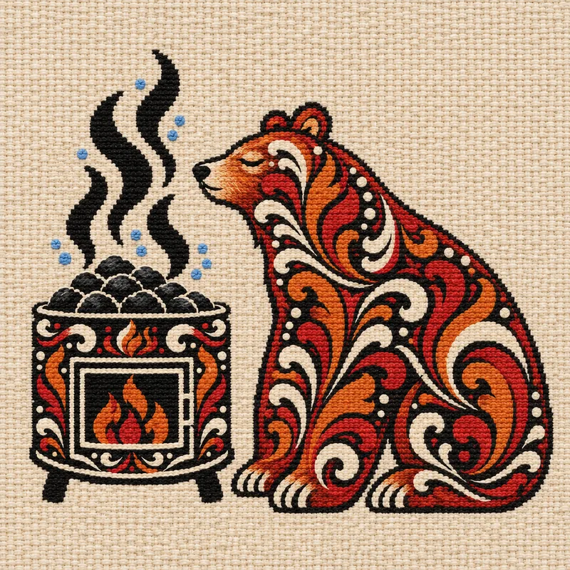The Ånga bear by a sauna stove, woven in wool